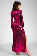 Burgundy Ruched Sequined Maxi Dress