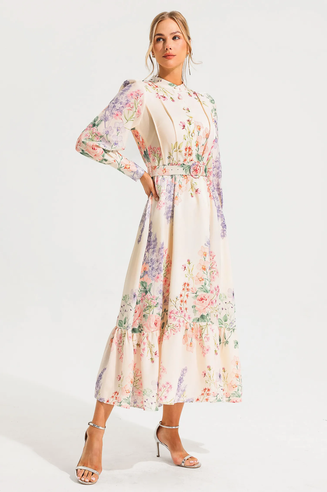 Floral Long Sleeve Maxi Dress With Belt