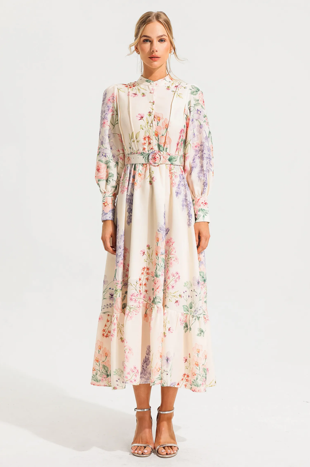 Floral Long Sleeve Maxi Dress With Belt