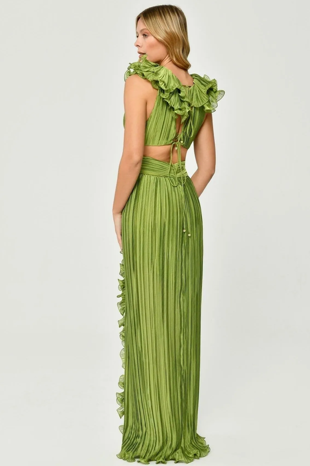 V-Neck Cut-Out Pleated Split Maxi Dress