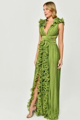 V-Neck Cut-Out Pleated Split Maxi Dress