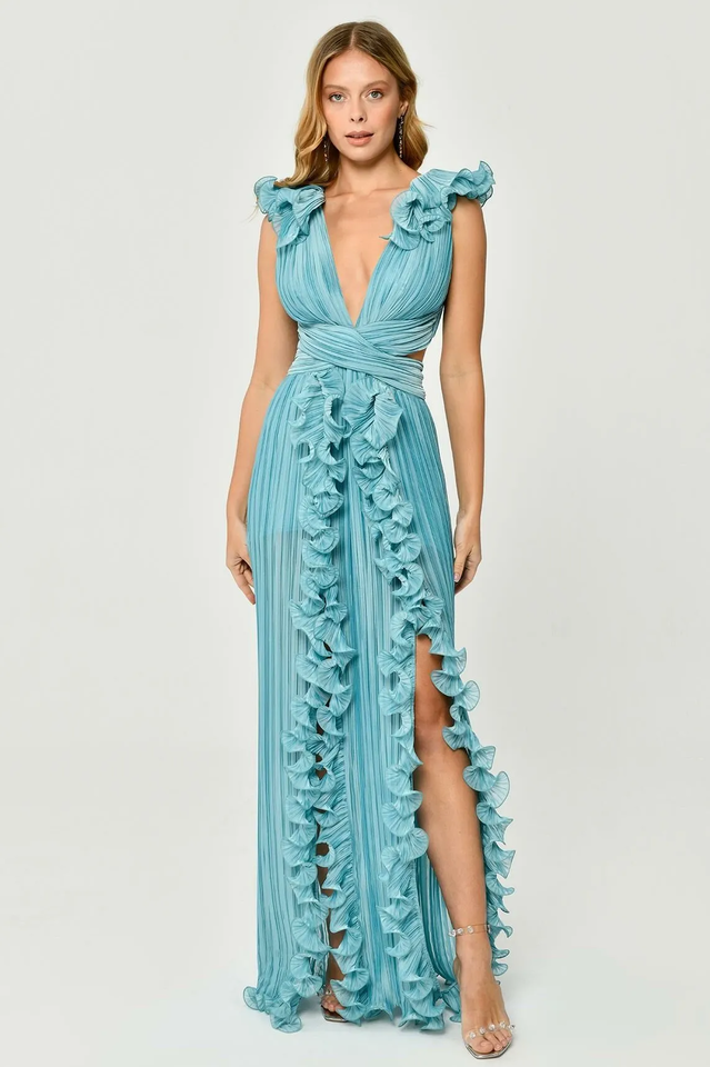 V-Neck Cut-Out Pleated Split Maxi Dress