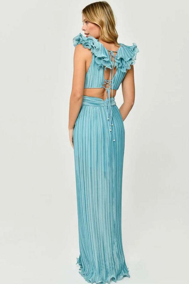 V-Neck Cut-Out Pleated Split Maxi Dress