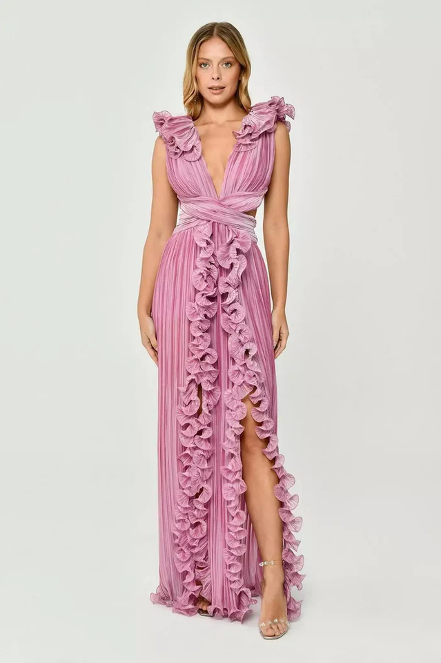 V-Neck Cut-Out Pleated Split Maxi Dress