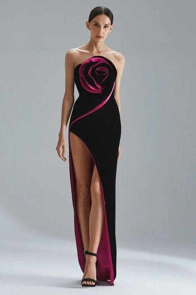Velvet Flower Slit Maxi Dress