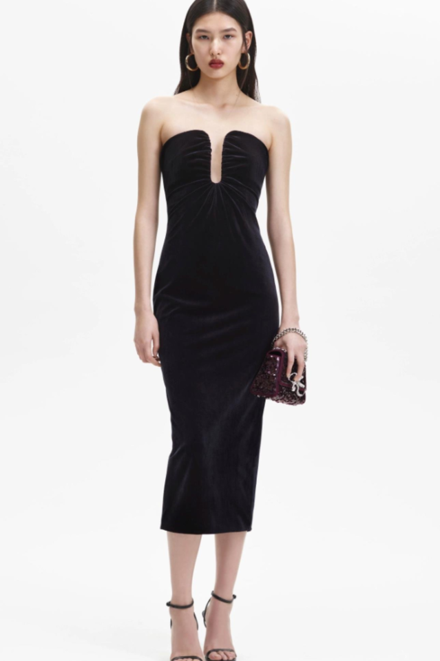 Velvet Strapless Midi Dress