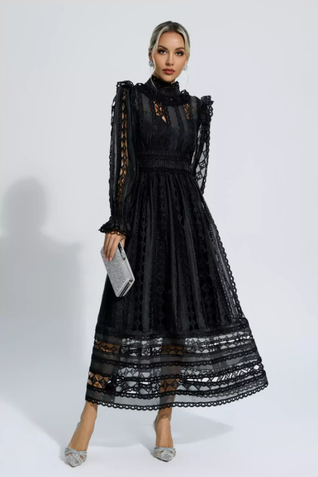 Mariam Hollow Lace Long Sleeve Dress