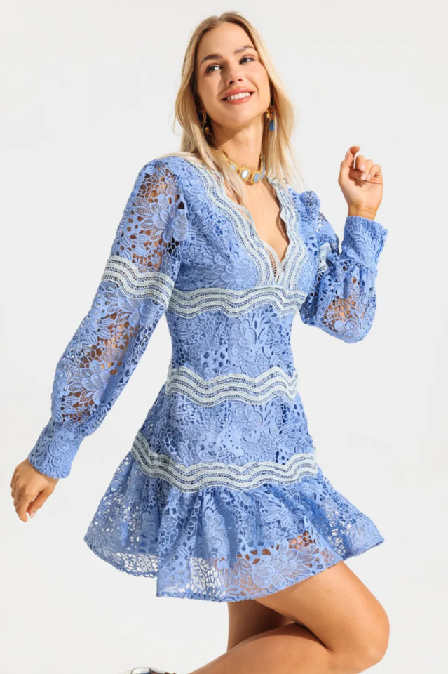 V-Neck Puff Sleeve Lace Mini Dress