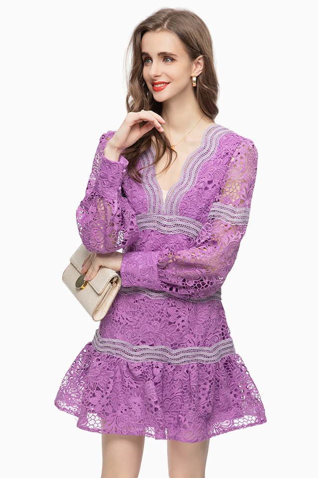 V-Neck Puff Sleeve Lace Mini Dress