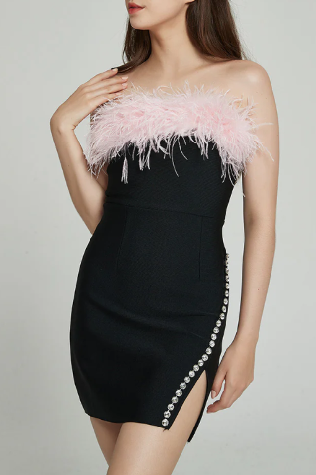 Feather Trimmed Pink Crepe Mini Dress