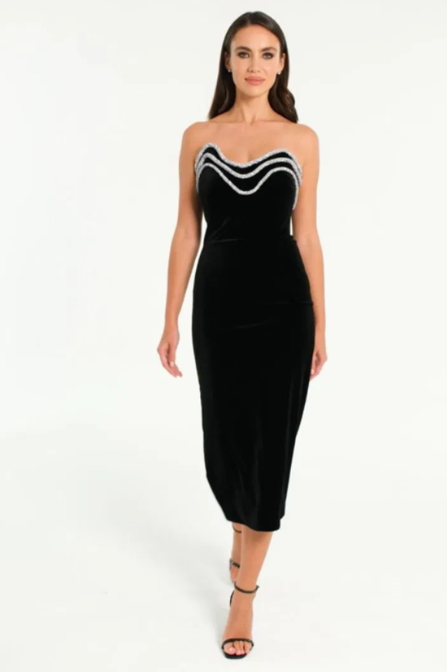 Strapless Crystal Trim Midi Dress