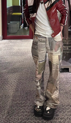 Newspaper Print Washed Effect Boyfriend Jeans