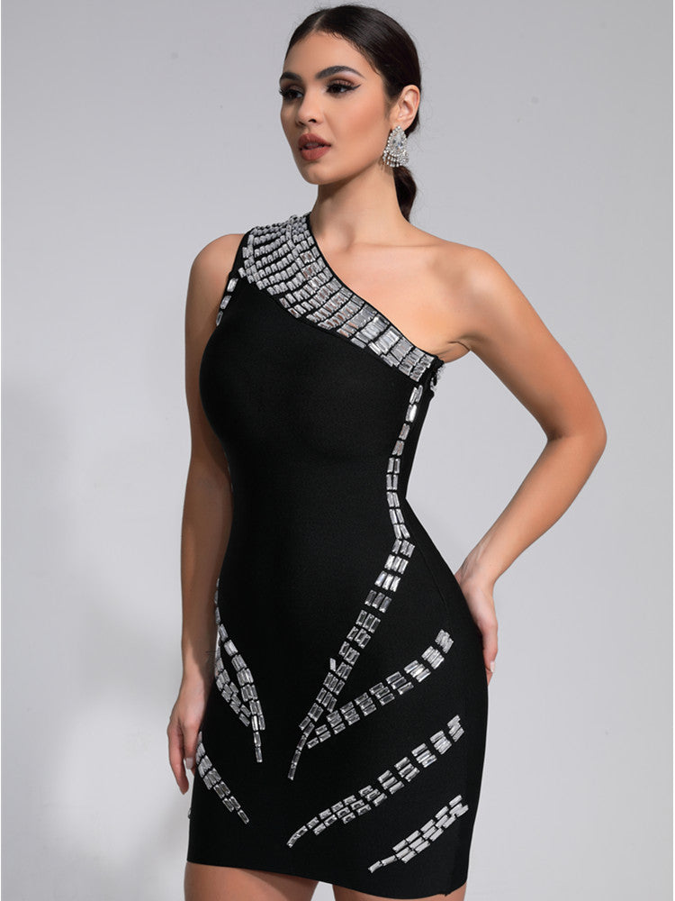 Lucy - One Shoulder Crystal Diamonds Black Mini Dress