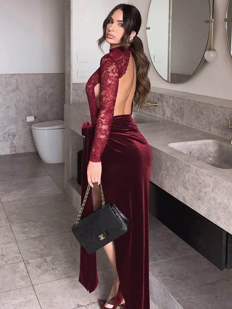 Selah - Lace Patchwork Velvet Maxi Dress