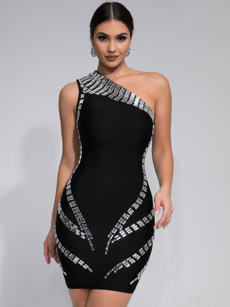 Lucy - One Shoulder Crystal Diamonds Black Mini Dress