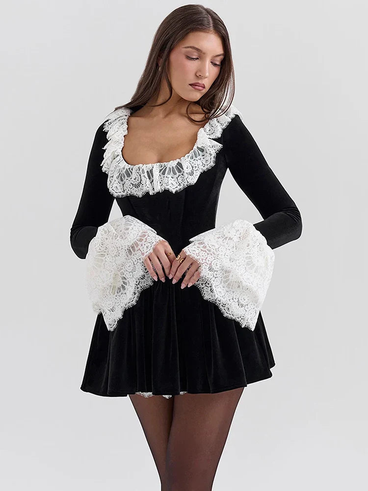 Frida - Lace Flare Long Sleeve Sexy Mini Dress