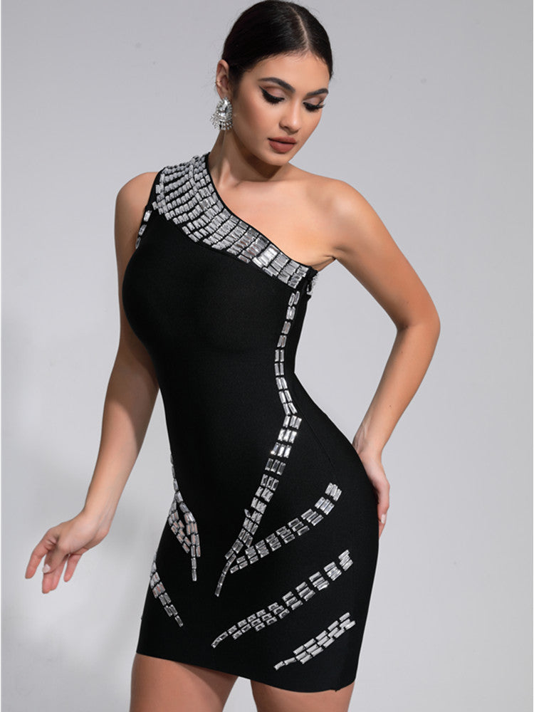 Lucy - One Shoulder Crystal Diamonds Black Mini Dress