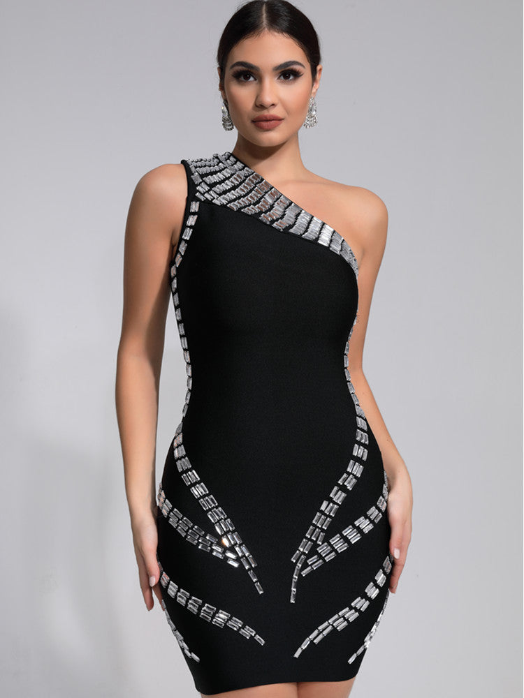 Lucy - One Shoulder Crystal Diamonds Black Mini Dress