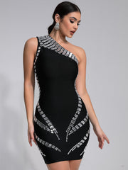 Lucy - One Shoulder Crystal Diamonds Black Mini Dress