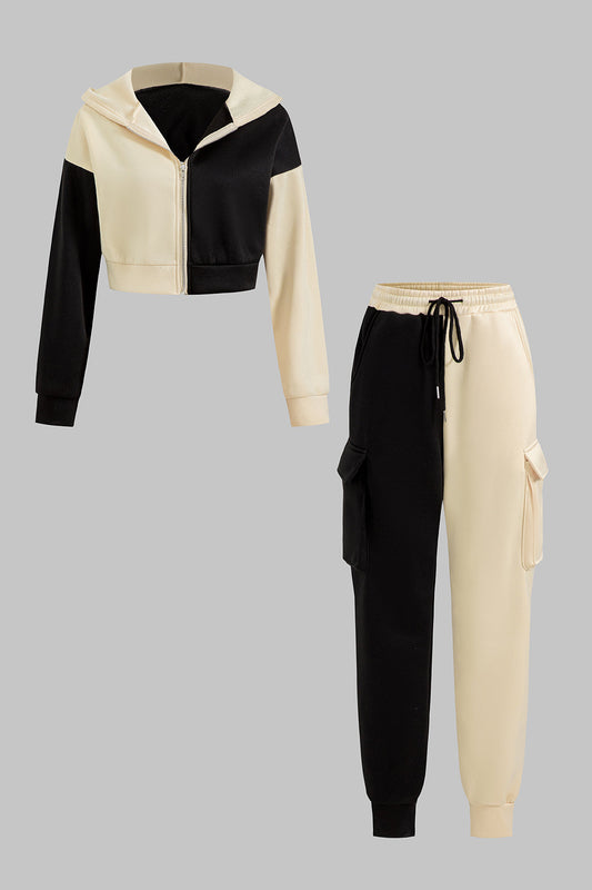 Hooded Zipper Patchwork Long Sleeve Top And Pocket Drawstring Trousers Set