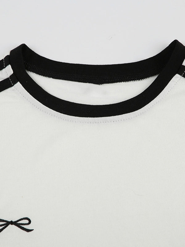 White Y2K Striped Embroidery Short Sleeve Tee