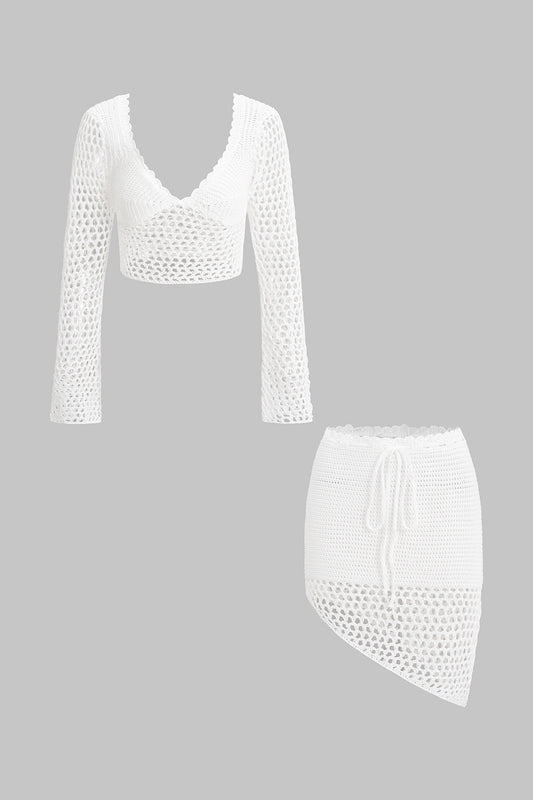 Knit Cut Out Long Sleeve Crop Top And Tie-Up Skirt Set