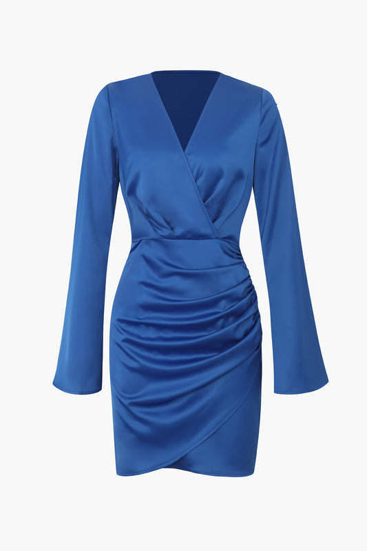 Satin Long Sleeve Ruched Wrap Mini Dress