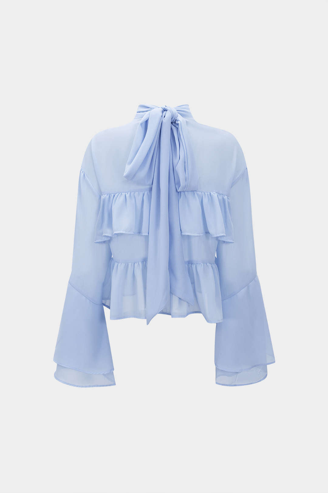 Chiffon Ruffle Hem Tie-Back Shell Long-Sleeve Shirt