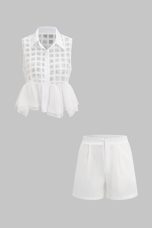 Chiffon Ruffle Button Sleeveless Top And Ruched Shorts Set