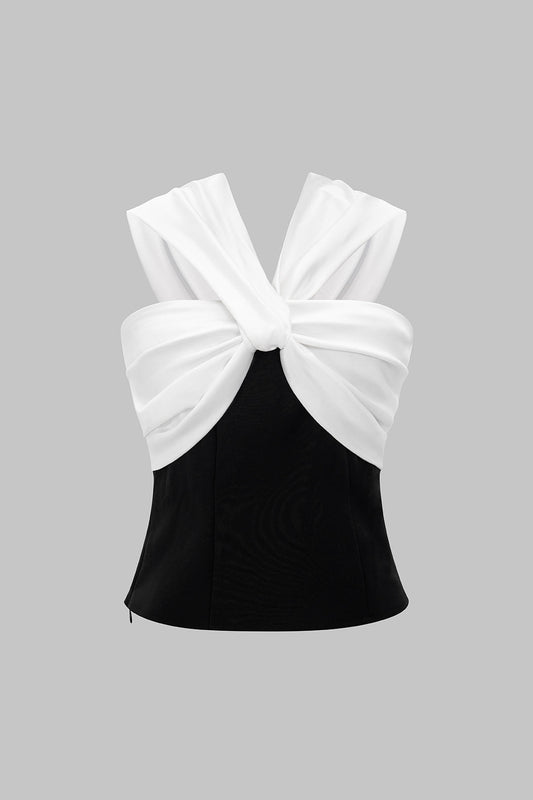 Ruched Contrast Twist Knot Short-Sleeveless Top