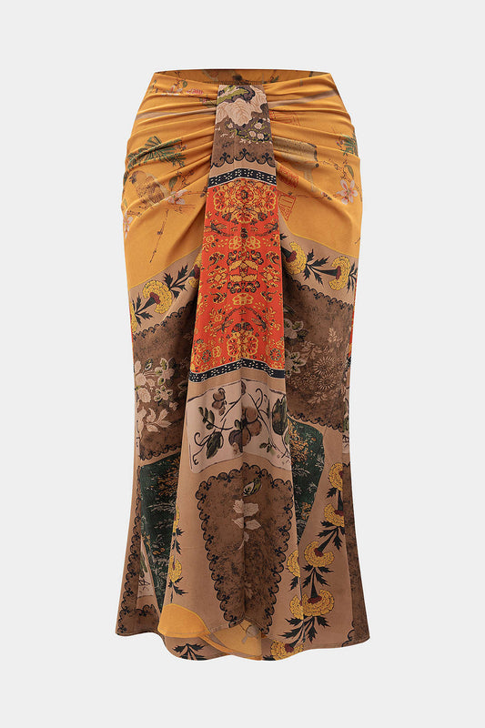 Plus Size Retro Print Satin Tie Front Skirt