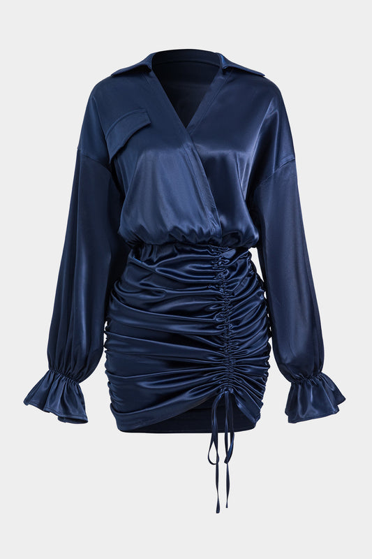 Satin Ruched Drawstring Pocket Long Sleeve Mini Dress