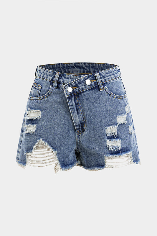 Denim Asymmetry Ripped Button Pocket Shorts
