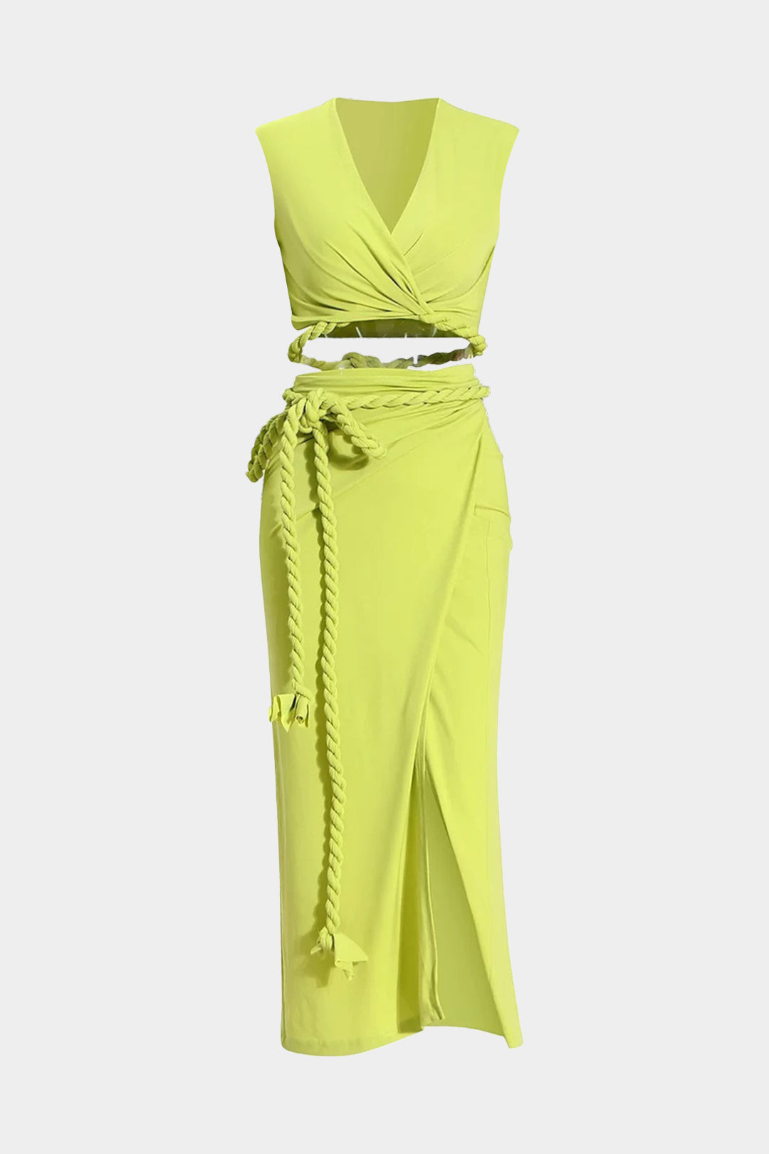 Ruched Crossed Long Sleeve Top And Tie Front Slit Skirt Set