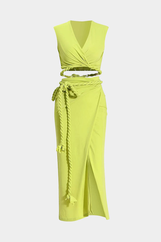 Ruched Crossed Long Sleeve Top And Tie Front Slit Skirt Set