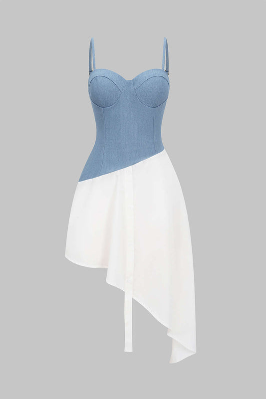 Denim Asymmetrical Washed Patchwork Sleeveless Midi Dress