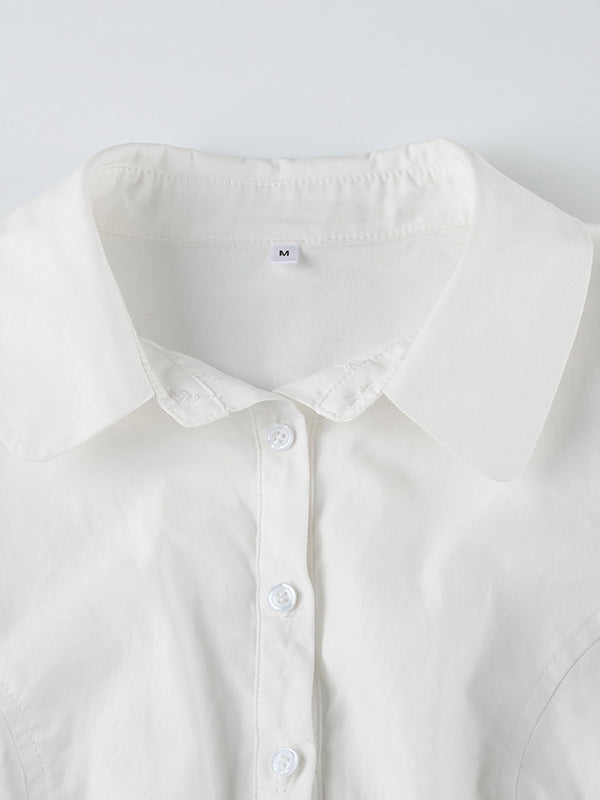 White Vintage Slim Waist V Neck Short Sleeve Shirt