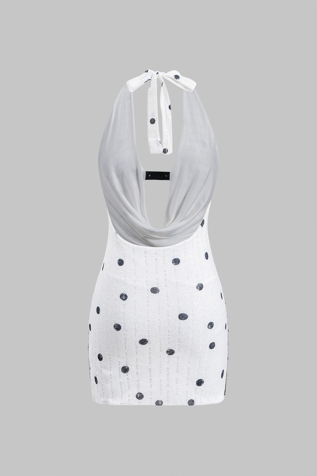 Polka Dots Pattern Lace Ruched Halter Neck Tie Up Backless Mini Dress