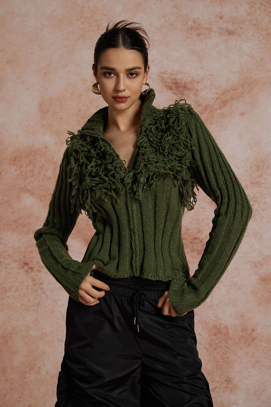 Solid Sweater Fringe Zipper Long-Sleeve Top