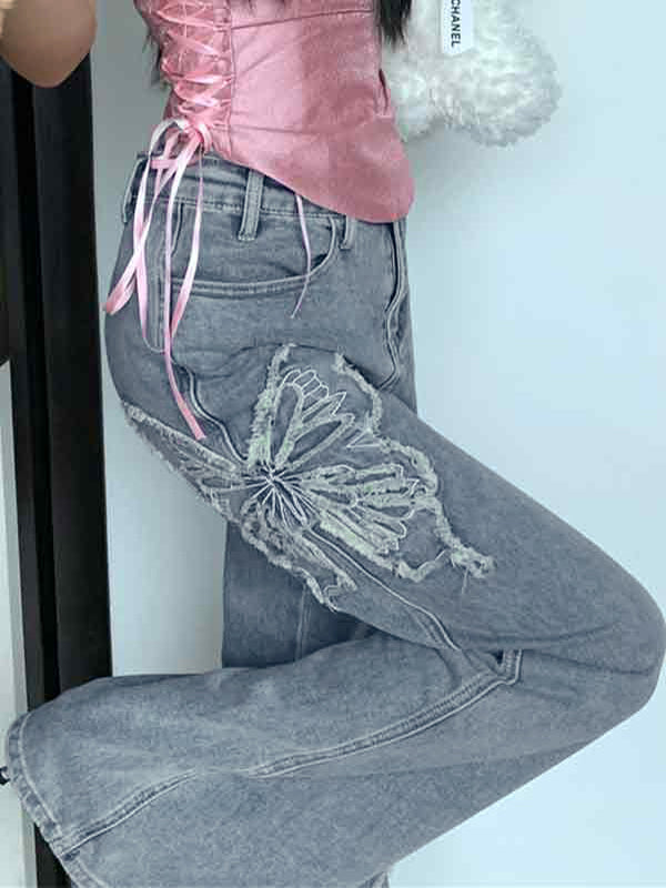 Flare Jeans with Butterfly Embroidery