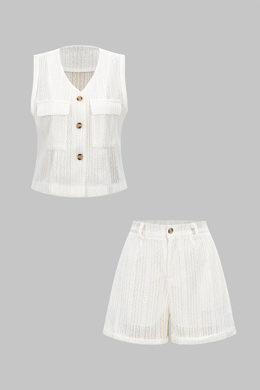 Button Cut Out Vest And Wide Leg Shorts Set