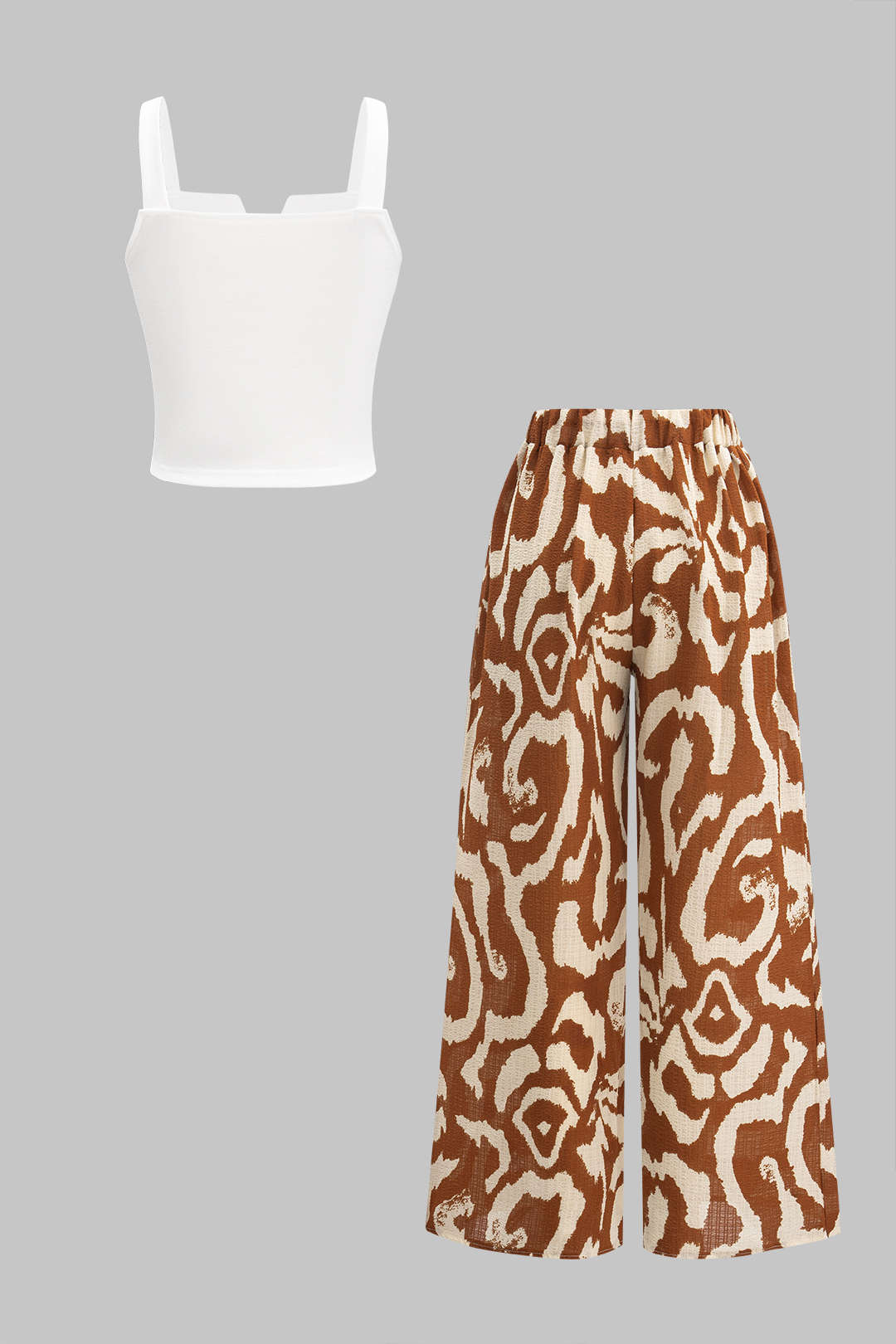 Sleeveless Tank Top And Hawaiian Pattern Contrast Wide Leg Trousers Set