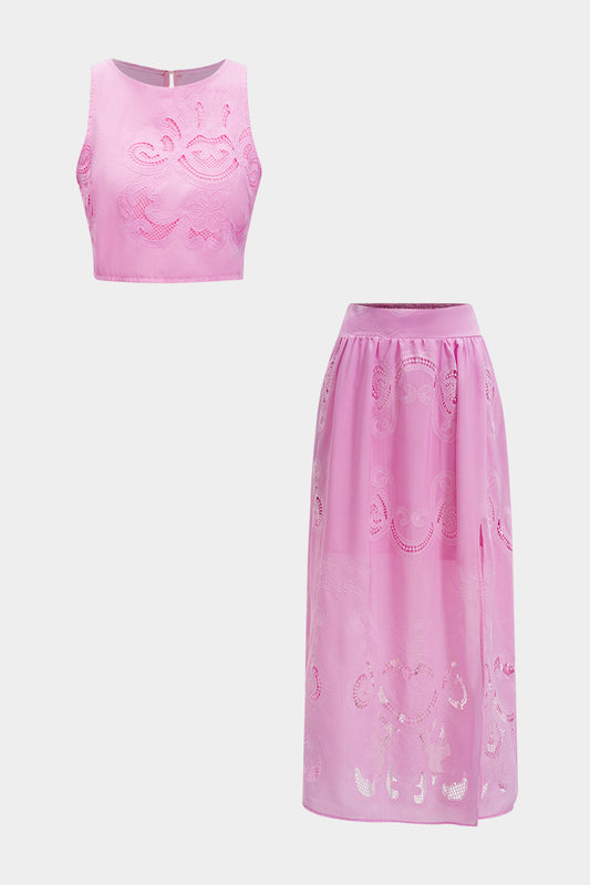 Hollow Out Embroidery Tank Top And Skirt Set