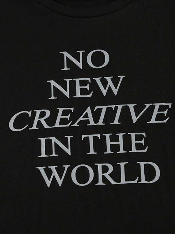 Black Vintage Letter Printed Short Sleeve Top with Crew Neck