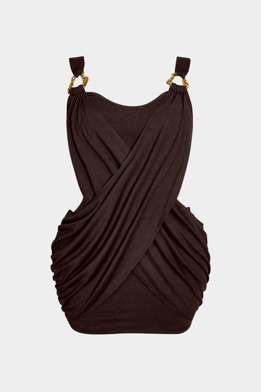 Plus Size Metallic Decor Crossed RUched Sleeveless Mini Dress