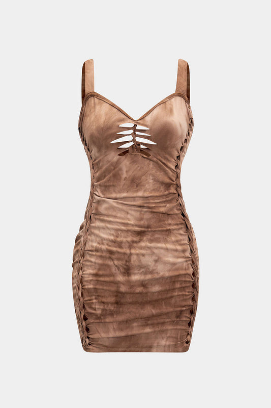 Cut Out Detail Ruched Backless Sleeveless Midi Dress