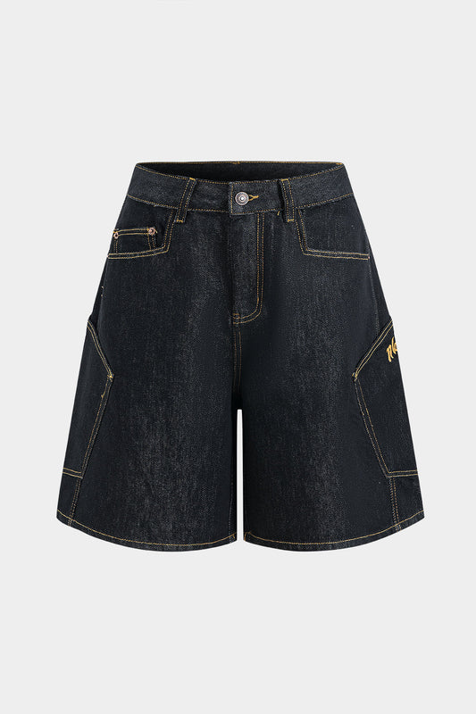 Denim Embroidery Button Pocket Stitching Shorts