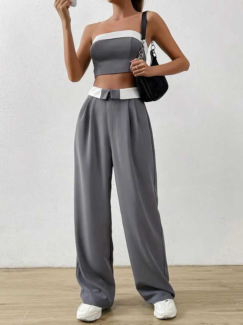 Contrast Vintage Off Shoulder Tube Top & Pants Two Piece Set