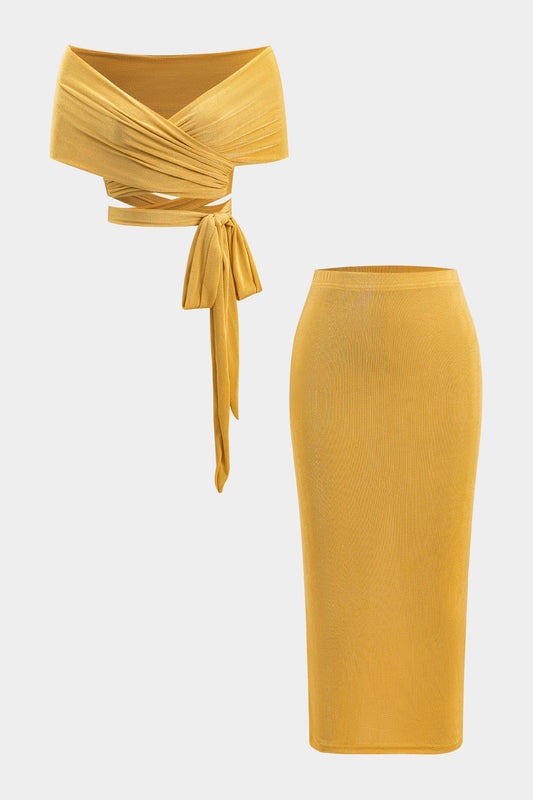 Crossed Tie-Up Knotted Wrap Off Shoulder Top And Skirt Set