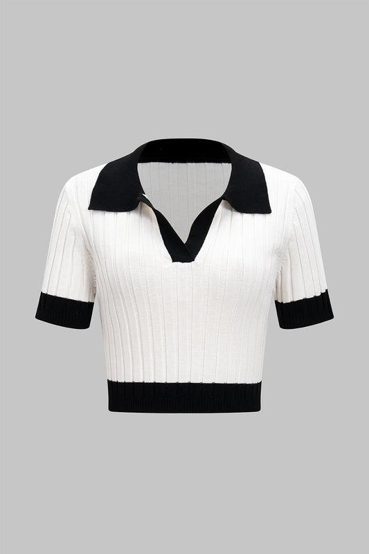 Knit Contrast V-Neck Short-Sleeve Top